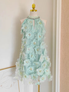 Minty 3D Mesh Flowers, Beads, Rhinestones & Sequined Mini Dress with Belt