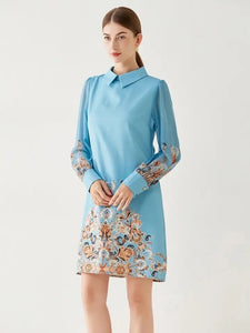 Lantern Sleeve A Line Dress with Floral Print and Peter Pan Collar