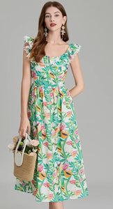 Tropical Off The Shoulder Midi Dress