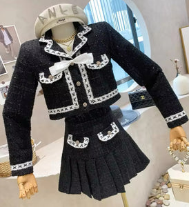 Black and White Tweed Suit with Detachable Bow