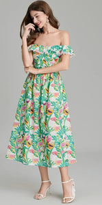 Tropical Off The Shoulder Midi Dress