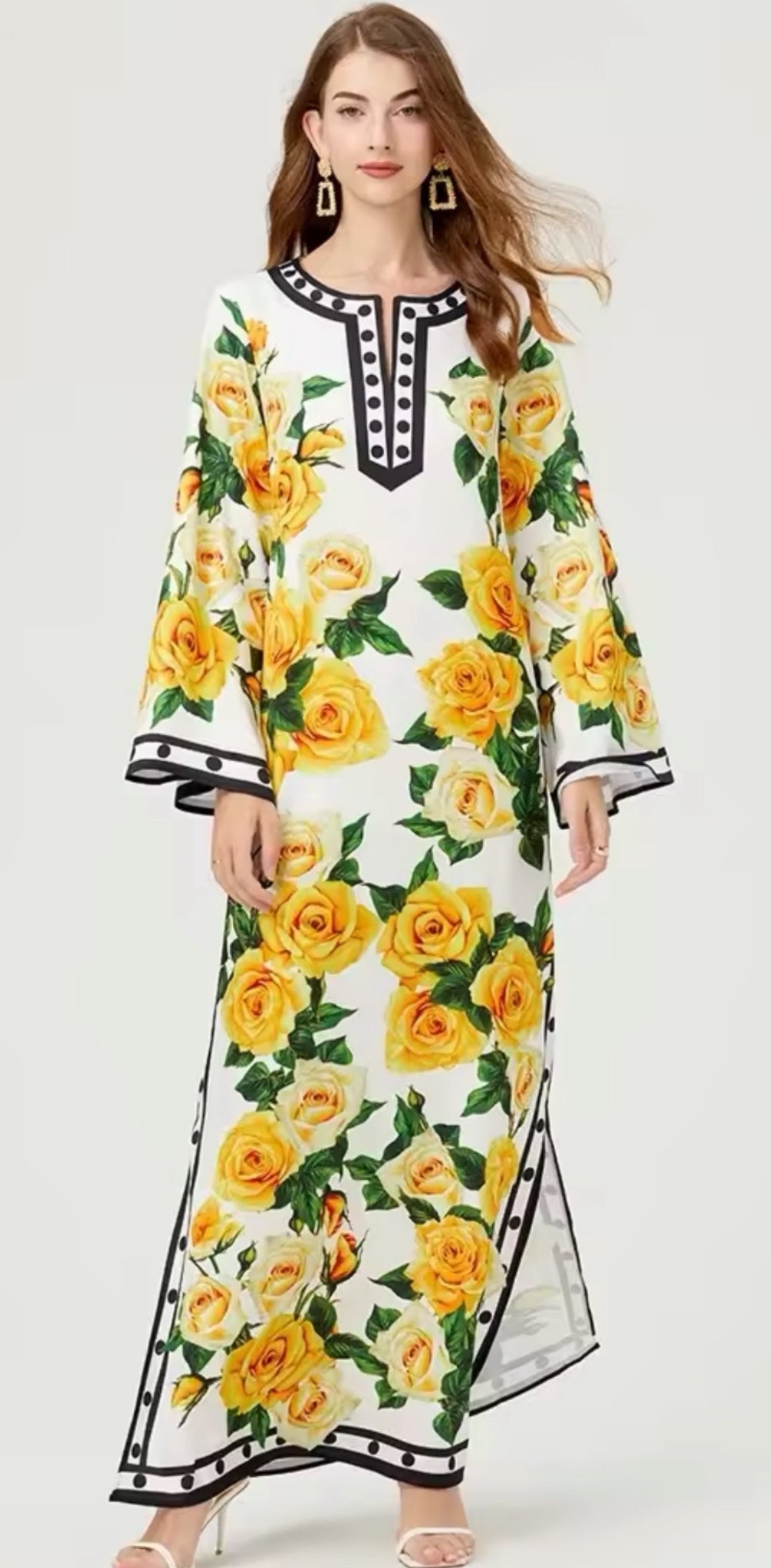Rose Flower Printed Loose Maxi Dress - comes in yellow & Black
