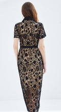 Load image into Gallery viewer, Black lace embroidery dress with gold buttons