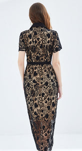 Black lace embroidery dress with gold buttons