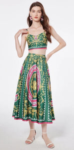 Bra Spaghetti Strap Crop Top + Pleated Midi Skirt - comes in Four colours