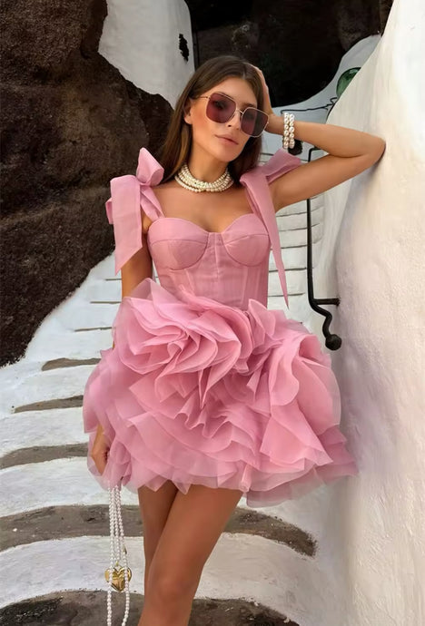 Pink Puff Spaghetti Strap Mini Cocktail Dress - comes in curve