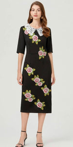 Embroidery Of Dreams Lace Collar MIDI Dress with belt