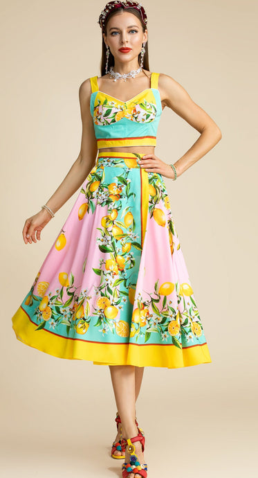 Portofino Spaghetti Strap Top + Lemon Printed Midi Skirt