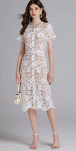 Load image into Gallery viewer, Chic Embroidery &amp; Lace Midi Dress with Diamanté Bow - comes in pink or white