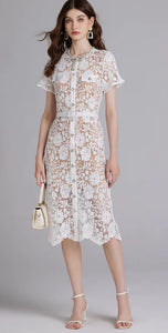 Chic Embroidery & Lace Midi Dress with Diamanté Bow - comes in pink or white