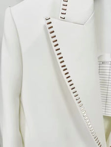 Staple White Blazer & High Waisted Wide Trouser Suit with Neck Tie