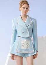 Load image into Gallery viewer, Lapel Rhinestone Pearl Blazer with Flower Patchwork High Waisted Shorts