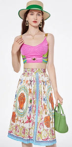 Bra Spaghetti Strap Crop Top + Pleated Midi Skirt - comes in Four colours