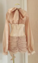 Load image into Gallery viewer, Apricot Cinched Waist Floral Appliqué panelled Mini Dress