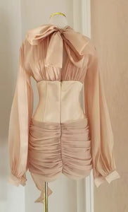 Apricot Cinched Waist Floral Appliqué panelled Mini Dress