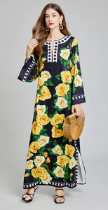 Rose Flower Printed Loose Maxi Dress - comes in yellow & Black