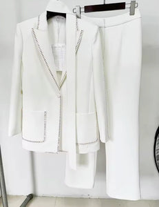 Staple White Blazer & High Waisted Wide Trouser Suit with Neck Tie