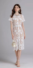Load image into Gallery viewer, Chic Embroidery &amp; Lace Midi Dress with Diamanté Bow - comes in pink or white