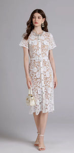 Chic Embroidery & Lace Midi Dress with Diamanté Bow - comes in pink or white