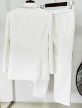 Load image into Gallery viewer, Staple White Blazer &amp; High Waisted Wide Trouser Suit with Neck Tie