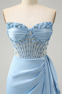 All Sparkles Baby Blue Sweetheart Corset Mini Dress with Embellishment - comes in curve