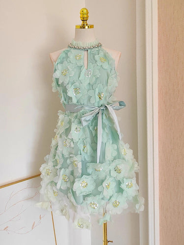 Minty 3D Mesh Flowers, Beads, Rhinestones & Sequined Mini Dress with Belt
