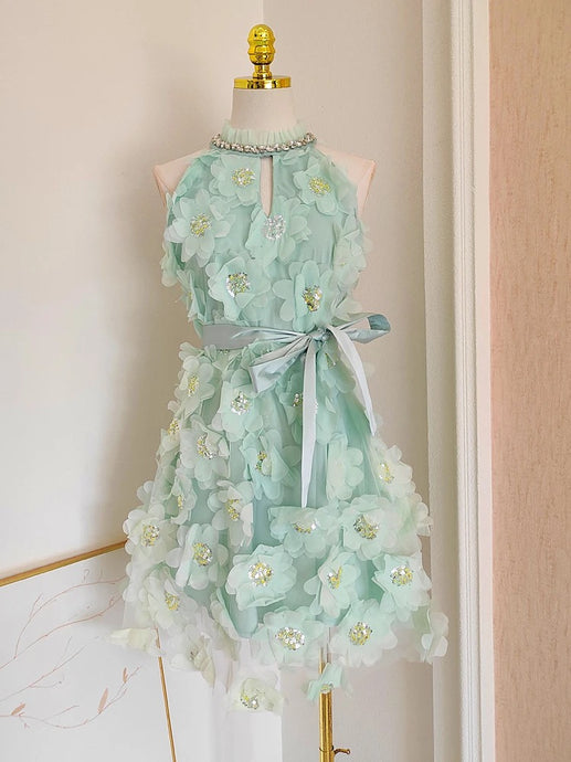 Minty 3D Mesh Flowers, Beads, Rhinestones & Sequined Mini Dress with Belt