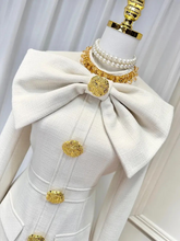 Load image into Gallery viewer, Bow Spliced Beading with Round Collar Tweed Maxi Dress