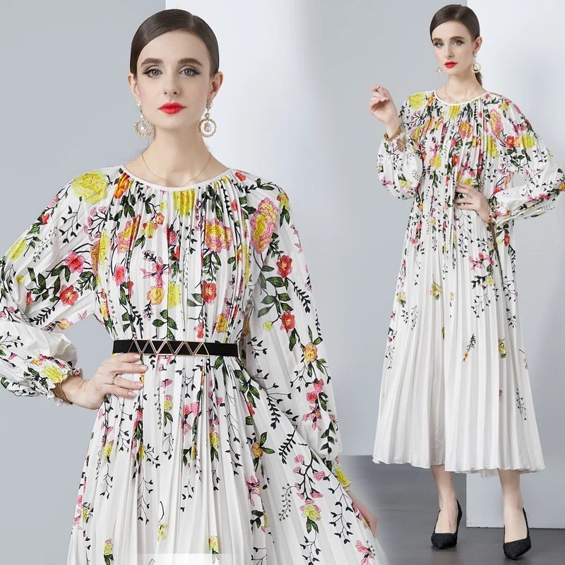 Beautiful Floral Pleated Midi Dress with belt