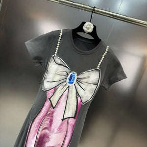 Pearls & Bow Distressed Print Maxi T-Shirt Dress