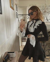 Load image into Gallery viewer, All the Frills Black Mini Dress with Diamontee Brooch