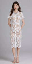 Load image into Gallery viewer, Chic Embroidery &amp; Lace Midi Dress with Diamanté Bow - comes in pink or white