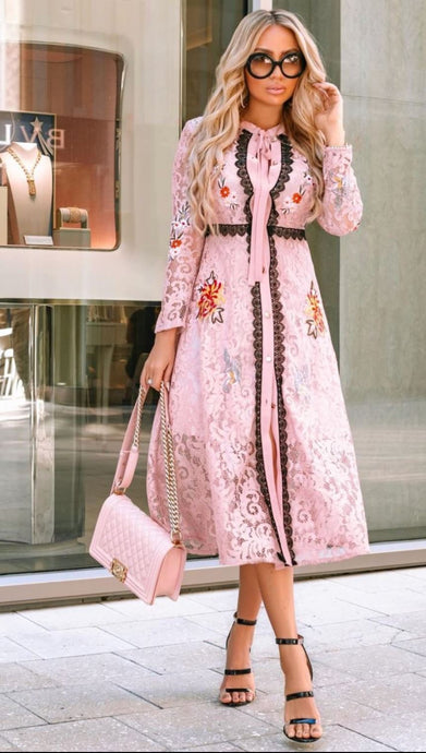 Comino Couture Pink Lace Midi Dress