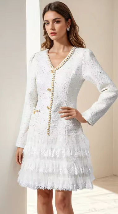 Summer Breeze Tweed & Pearls Lace Mesh Mini Dress