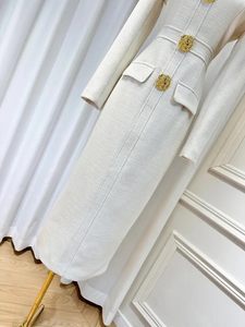 Bow Spliced Beading with Round Collar Tweed Maxi Dress
