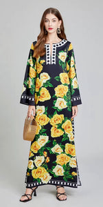Rose Flower Printed Loose Maxi Dress - comes in yellow & Black