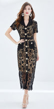 Load image into Gallery viewer, Black lace embroidery dress with gold buttons