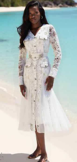 French Lace Splicing Mesh Fishtail MIDI Dress With Diamontee/ Pearl Chain Belt