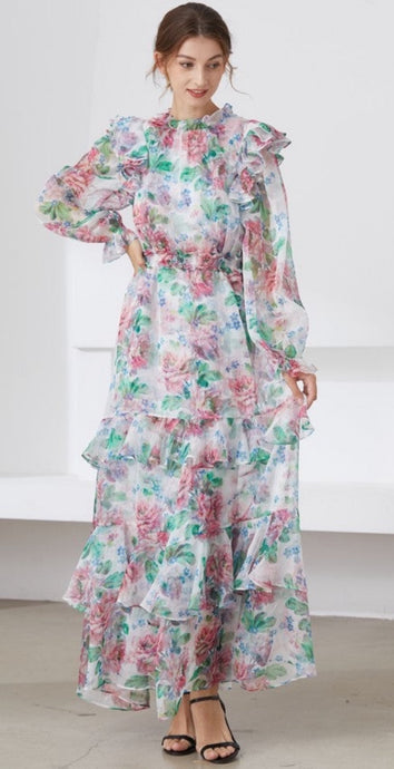 Muted Flower meadow tiered maxi dress