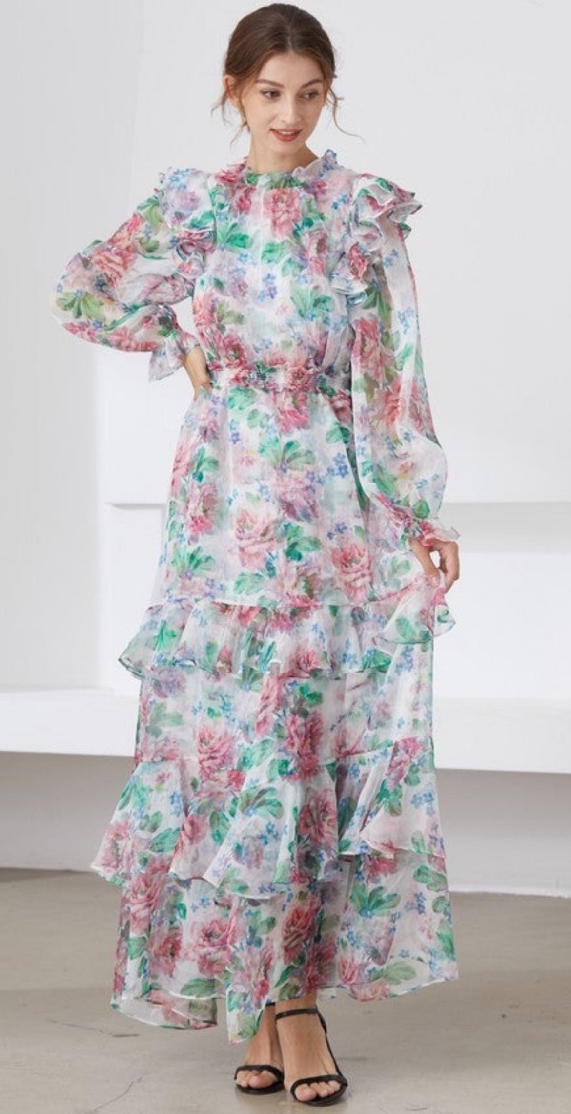 Muted Flower meadow tiered maxi dress