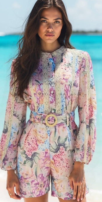 Beautiful Vintage Floral Print  Shirt & Shorts with Belt