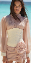 Load image into Gallery viewer, Apricot Cinched Waist Floral Appliqué panelled Mini Dress
