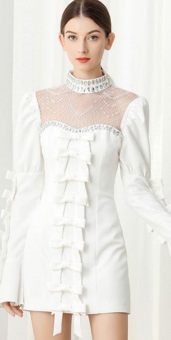 Crystal Clear Long Sleeve Bow Mini Dress