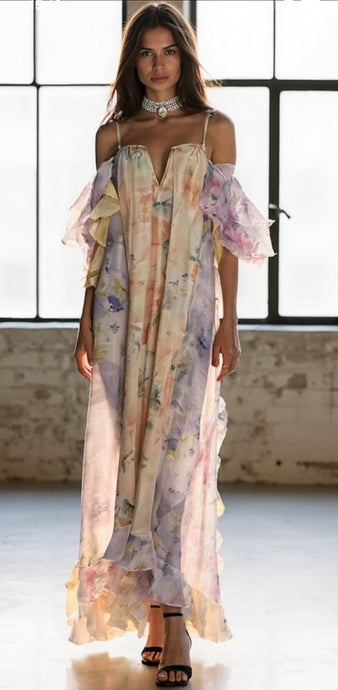 Heavenly Pastel Oversized Ruffle Backless Maxi Dress