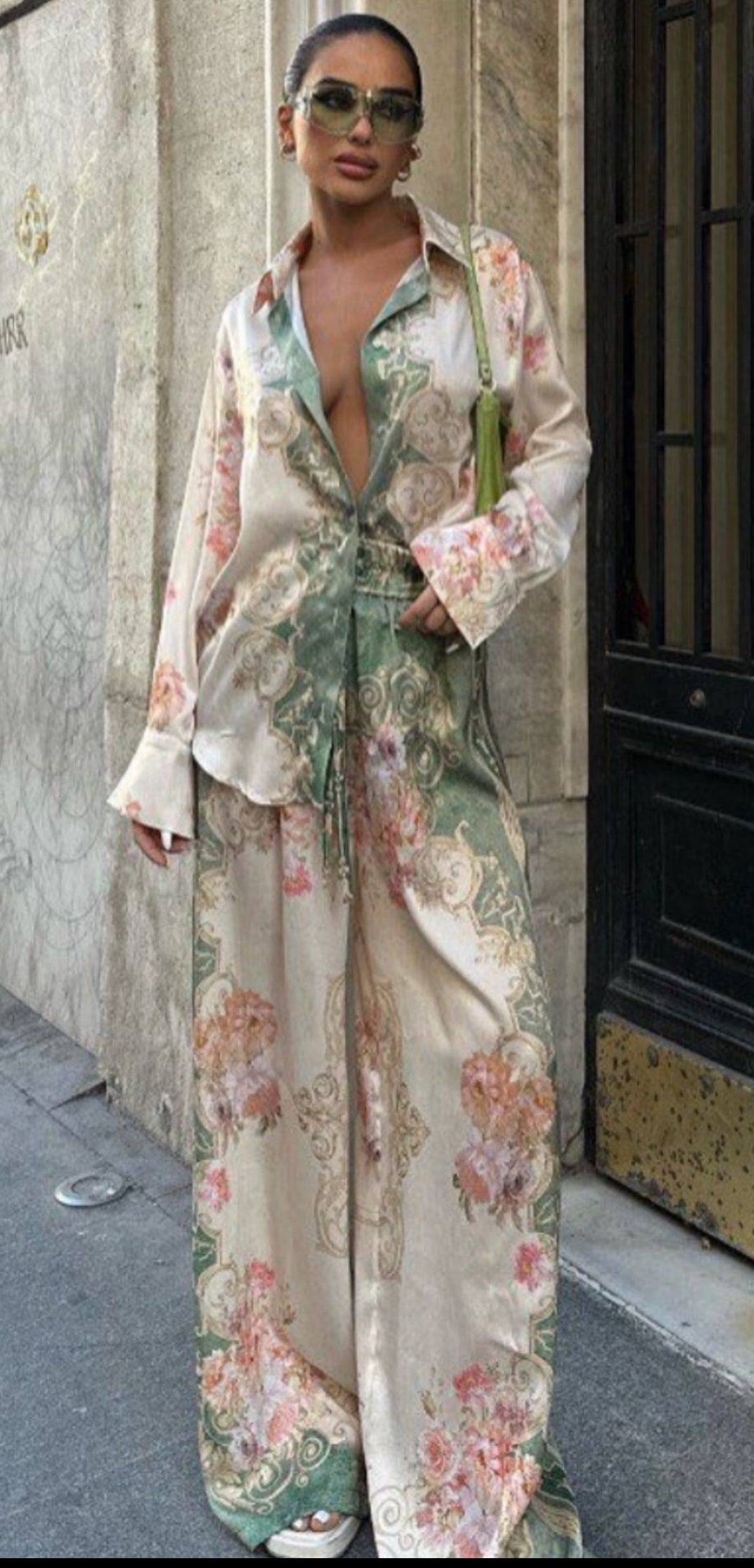 Chic Floral Green & Cream Two Piece