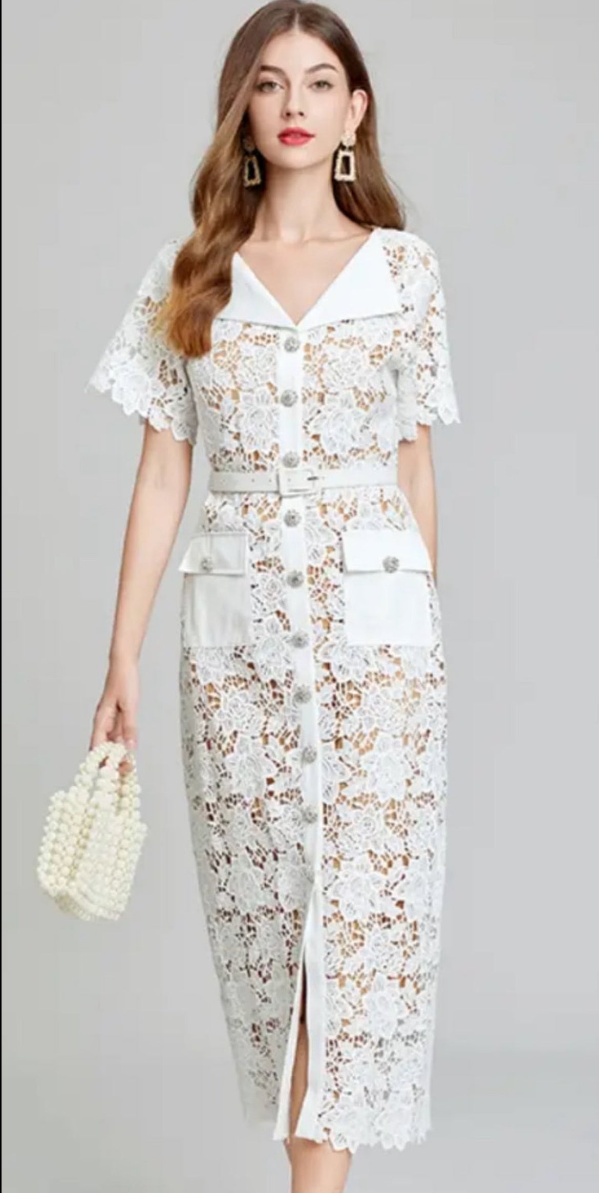 White Luxe and Lace Midi Dress with belt