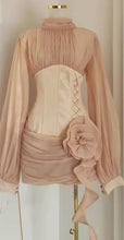 Load image into Gallery viewer, Apricot Cinched Waist Floral Appliqué panelled Mini Dress