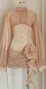 Apricot Cinched Waist Floral Appliqué panelled Mini Dress