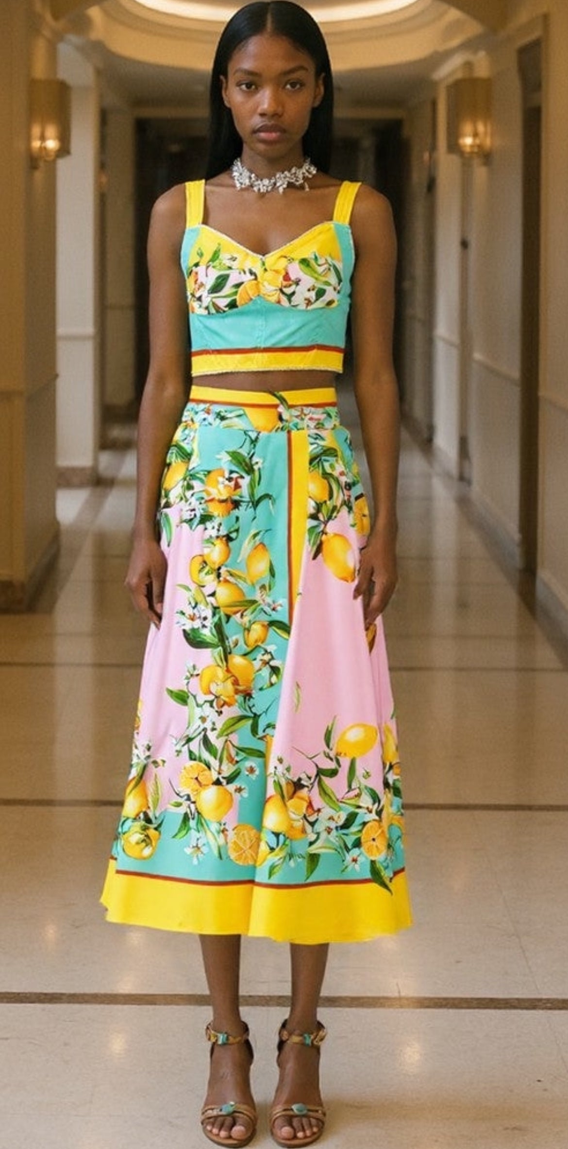 Portofino Spaghetti Strap Top + Lemon Printed Midi Skirt