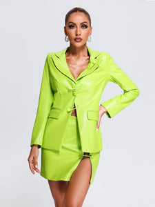 Fluorescent PU Jacket & Mini Skirt with Pin Buttons